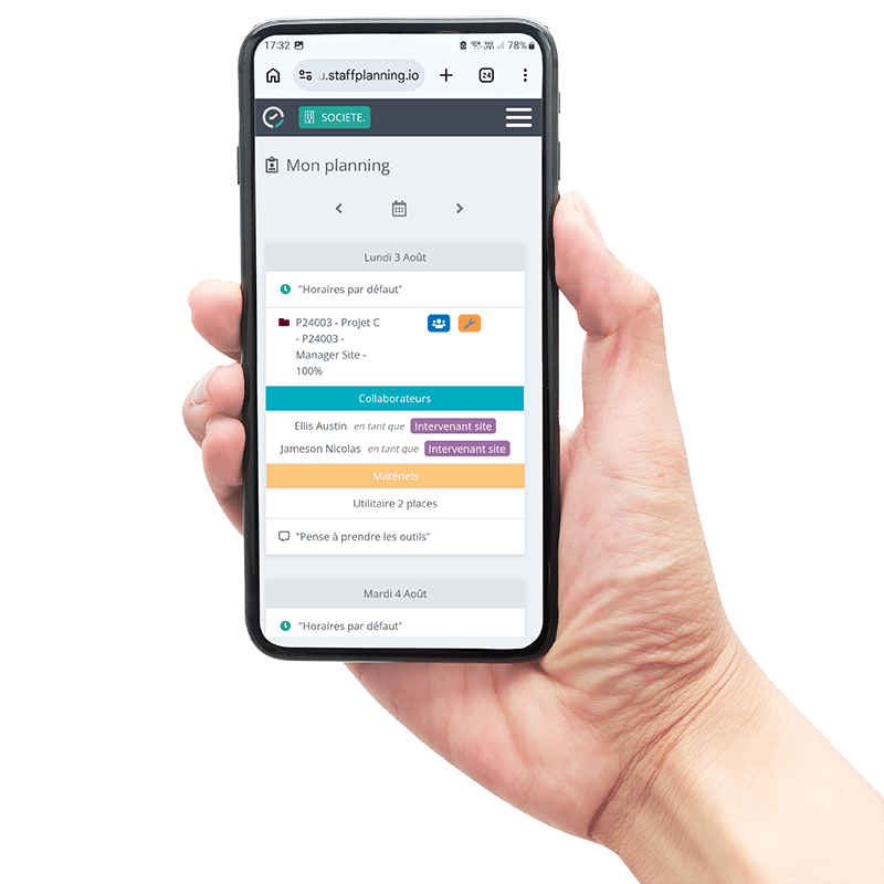 Planning mobile d’une activité avec collaborateurs affectés, rôles et matériel associé Planning mobile d’une activité avec collaborateurs affectés, rôles et matériel associé