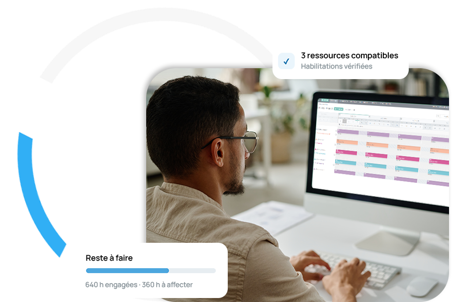 Planification des ressources avec contrôle des habilitations, ressources compatibles et reste à affecter